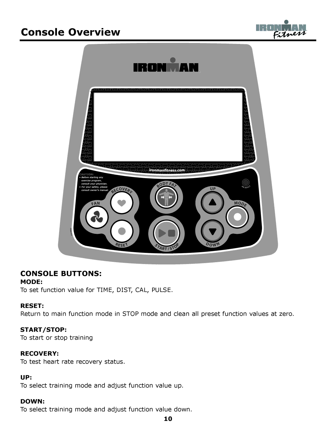 Ironman Fitness 430r owner manual Console Overview, Console Buttons 