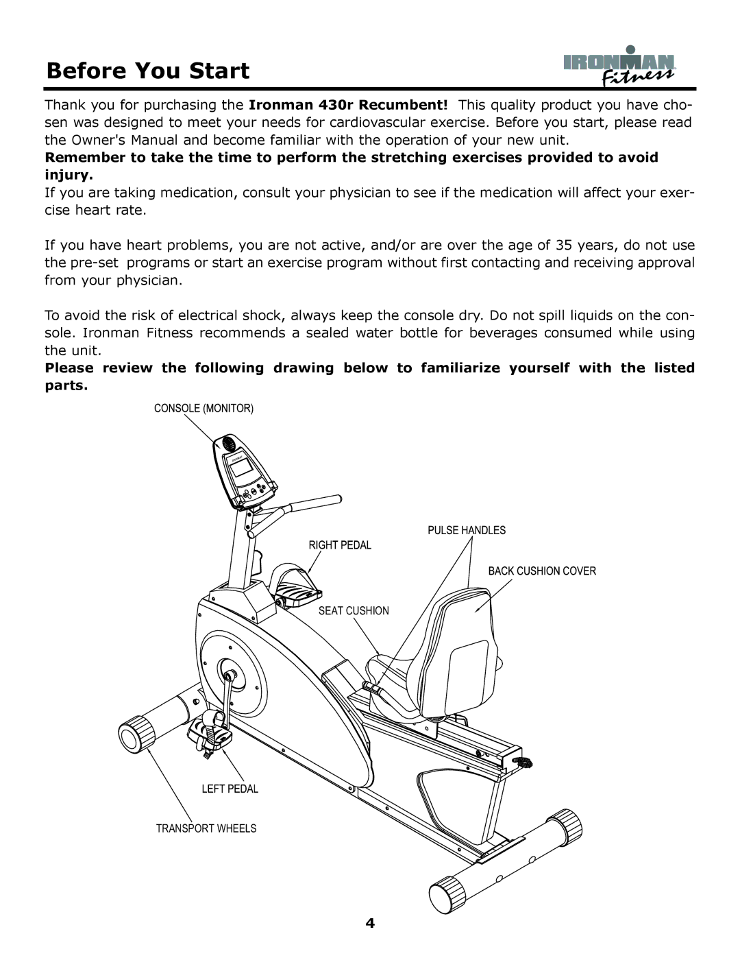 Ironman Fitness 430r owner manual Before You Start 