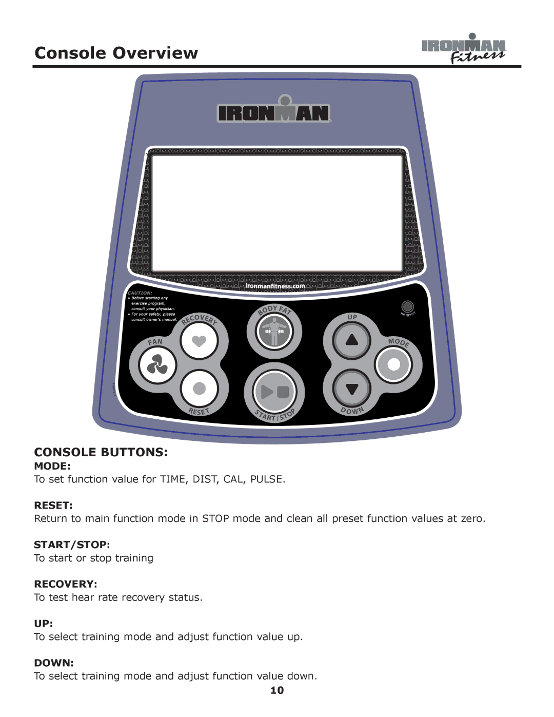 Ironman Fitness 530e owner manual Console Overview, Console Buttons 