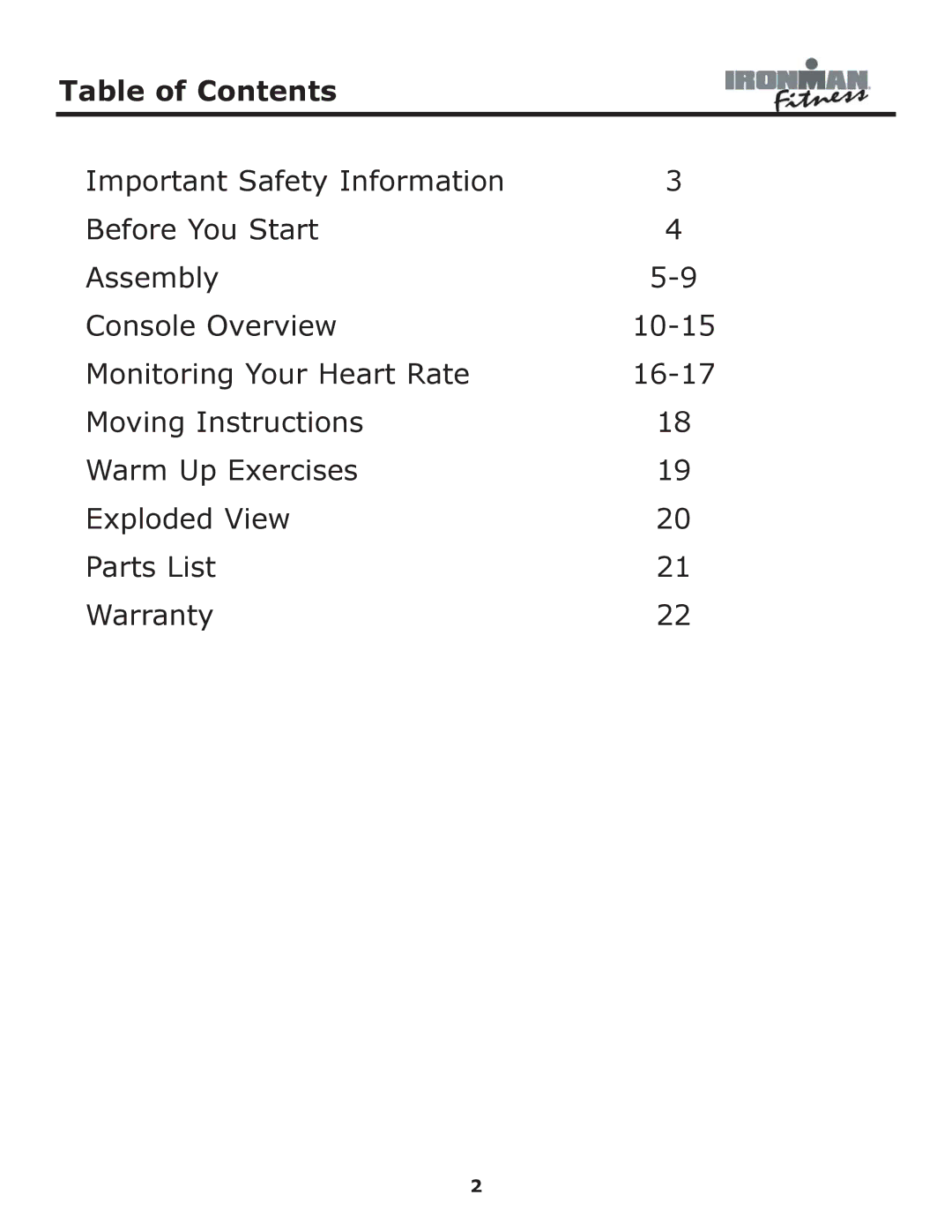 Ironman Fitness 530e owner manual Table of Contents 