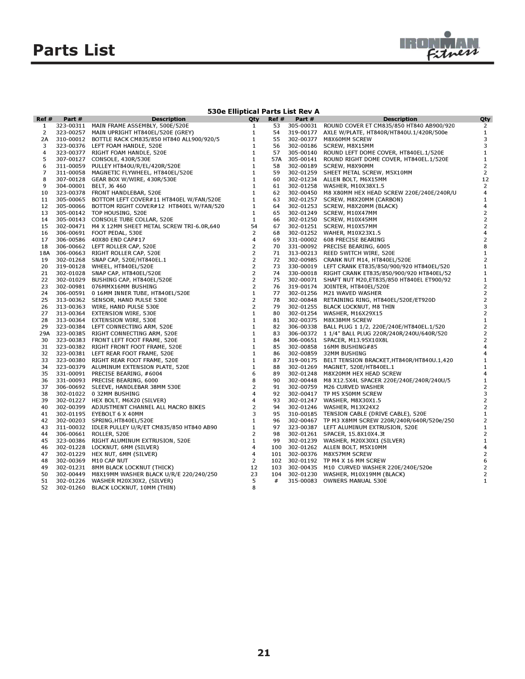 Ironman Fitness owner manual 530e Elliptical Parts List Rev a 