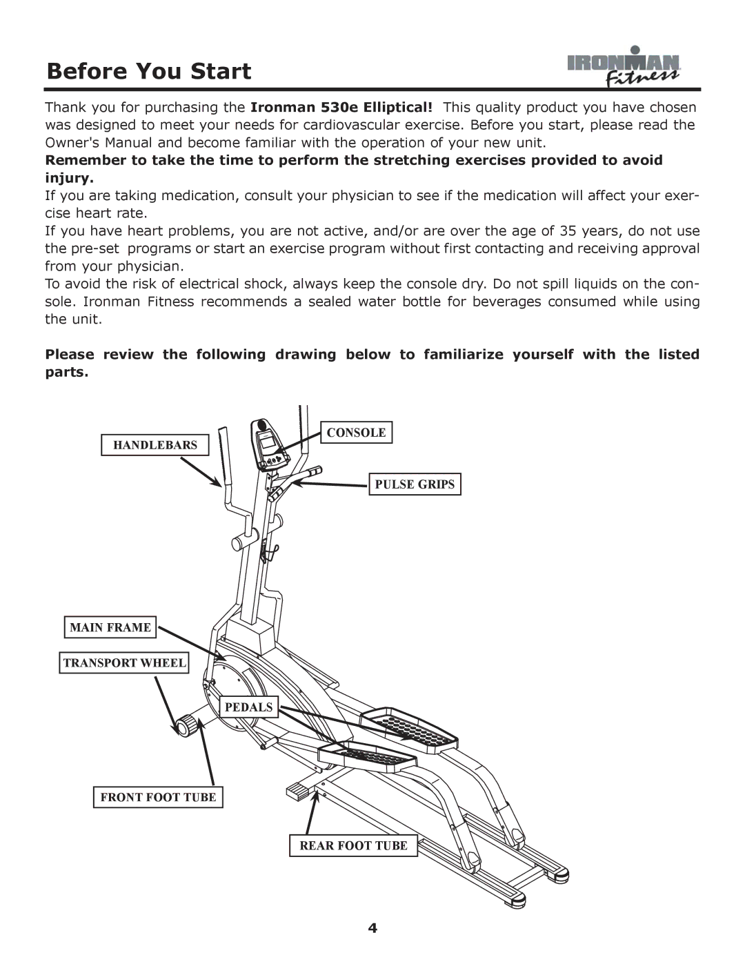 Ironman Fitness 530e owner manual Before You Start 