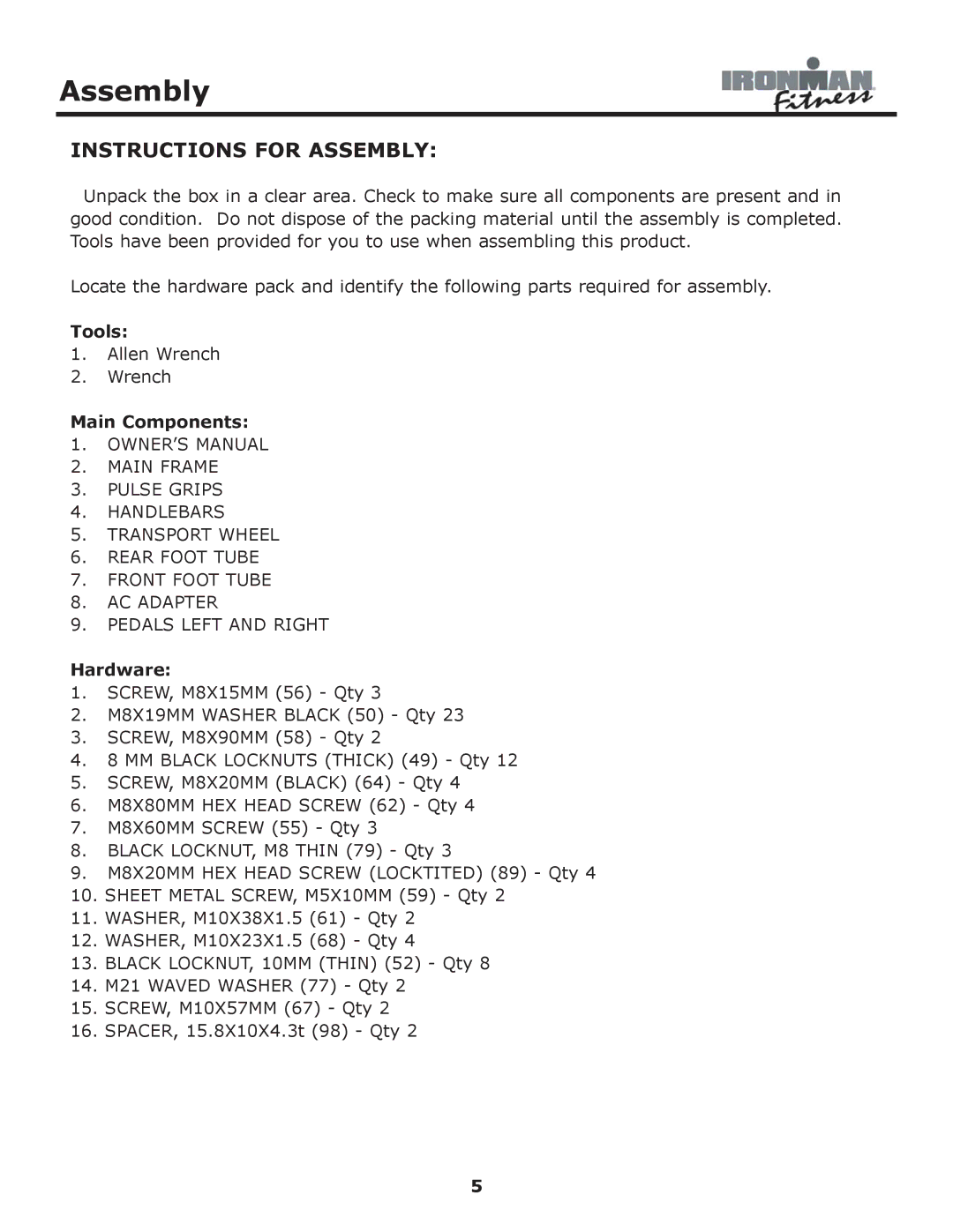 Ironman Fitness 530e owner manual Instructions for Assembly, Tools, Main Components, Hardware 