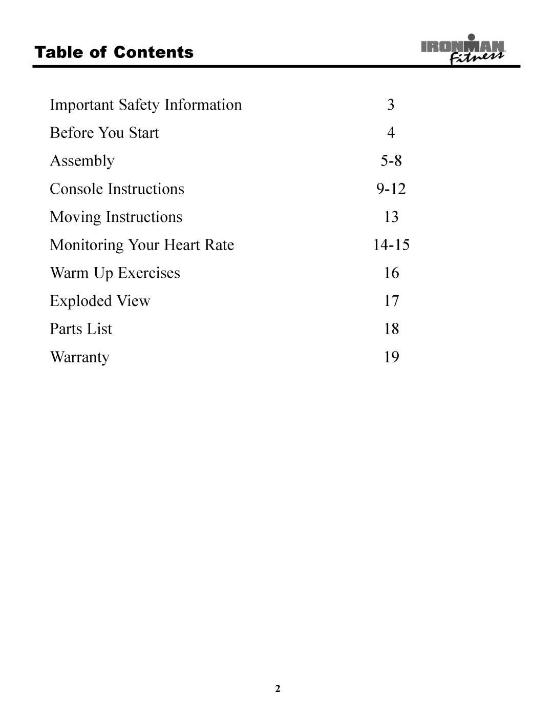 Ironman Fitness 600e owner manual Table of Contents 