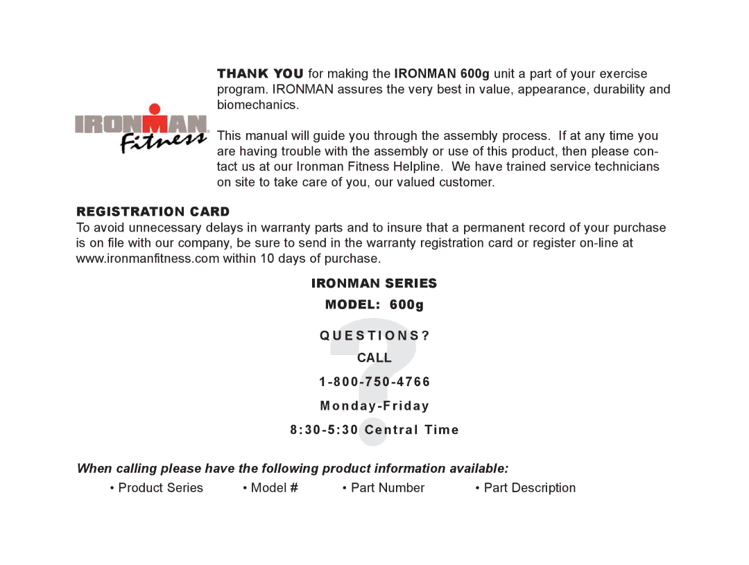 Ironman Fitness 600g manual Registration Card Ironman Series 