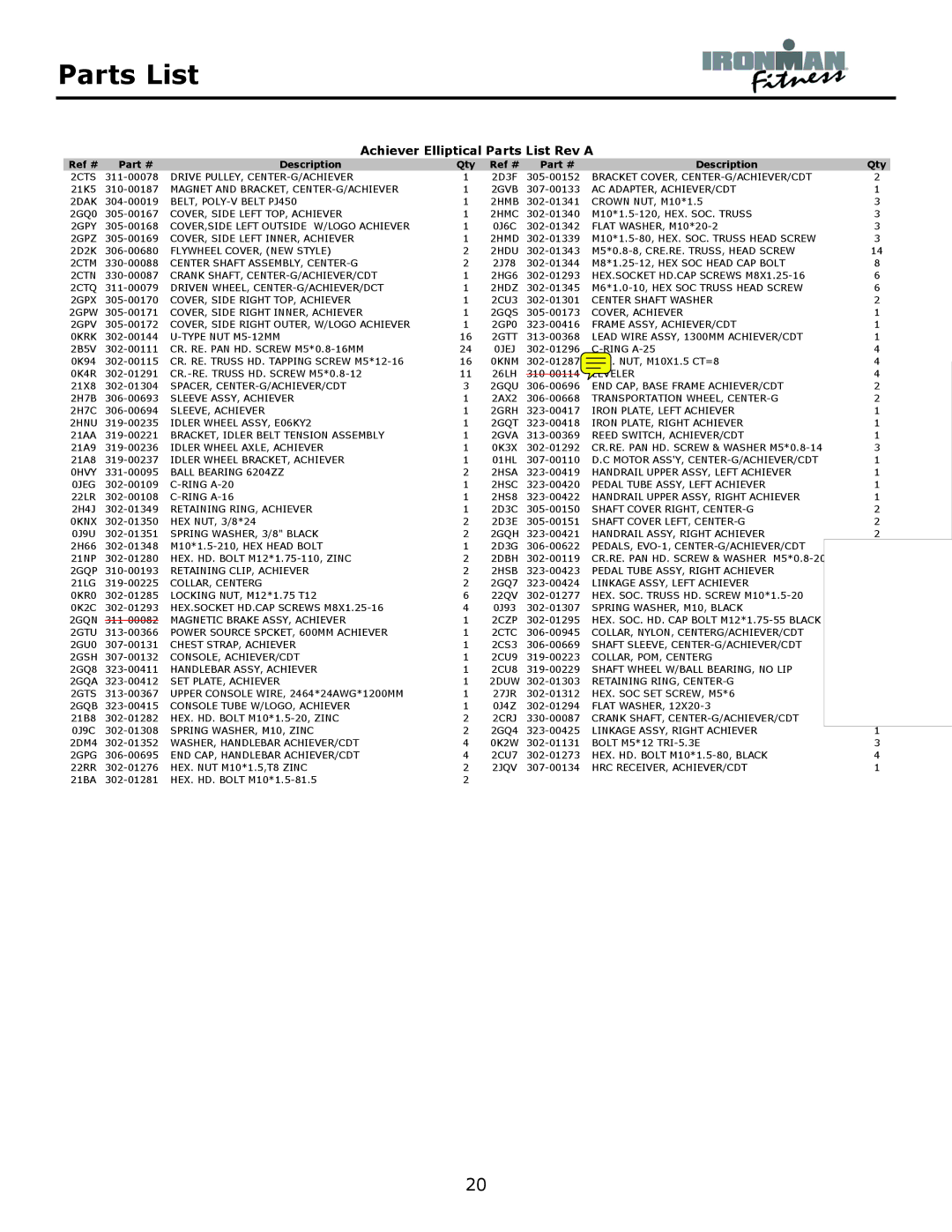 Ironman Fitness owner manual Achiever Elliptical Parts List Rev a 