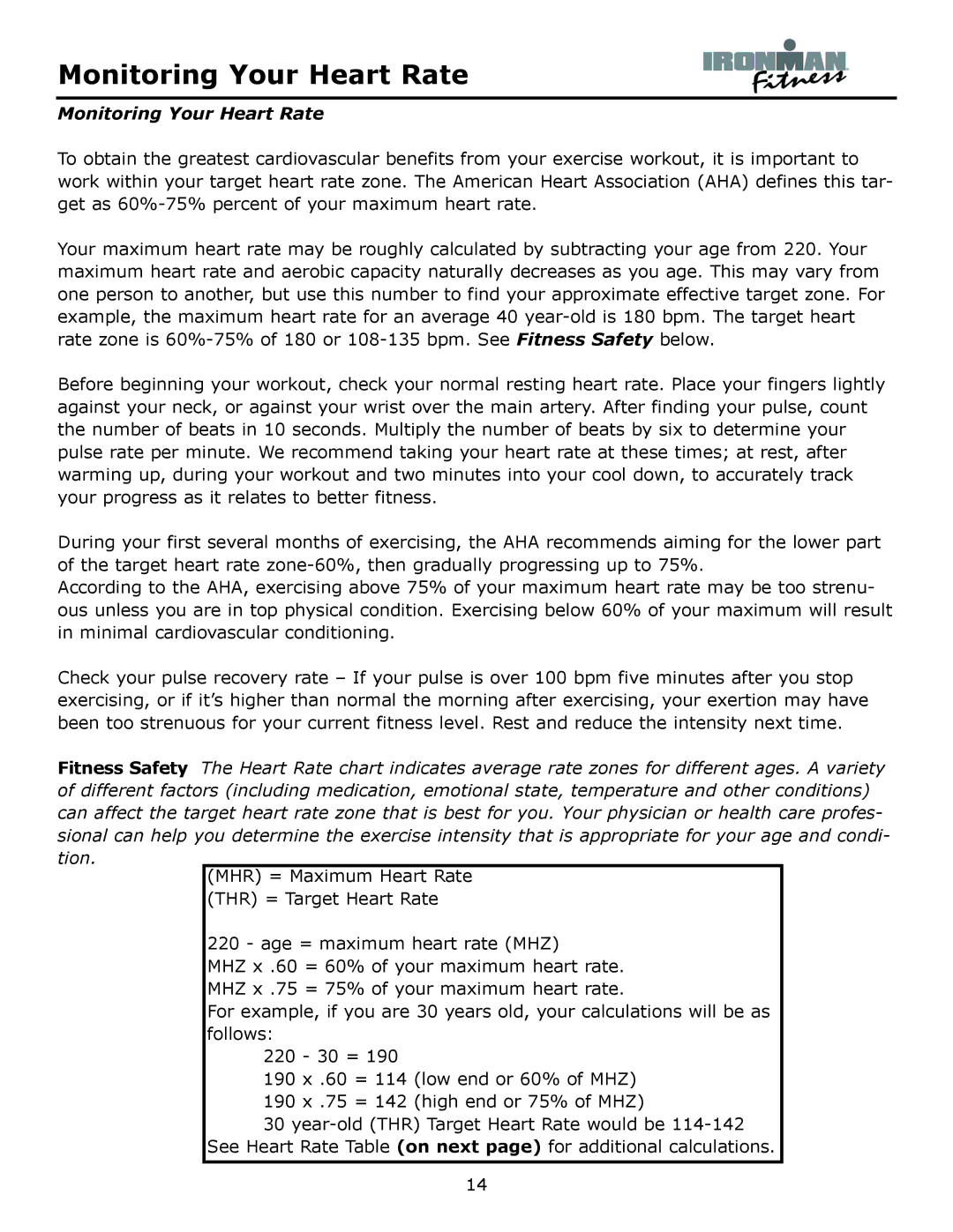 Ironman Fitness Aeros owner manual Monitoring Your Heart Rate 