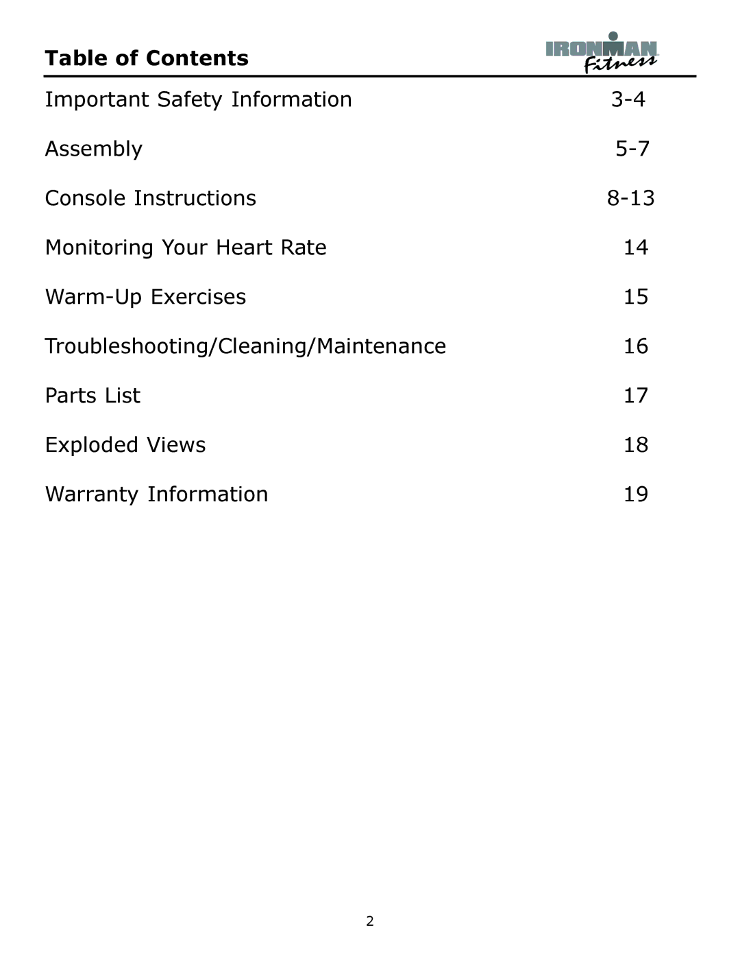 Ironman Fitness Aeros owner manual Table of Contents 