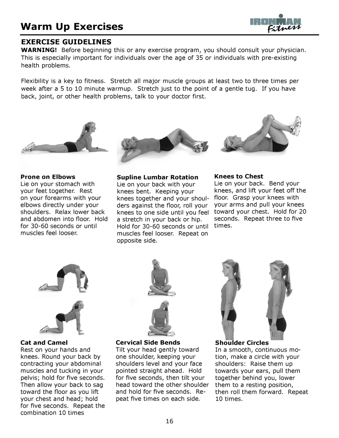 Ironman Fitness Alpine owner manual Warm Up Exercises, Exercise Guidelines 