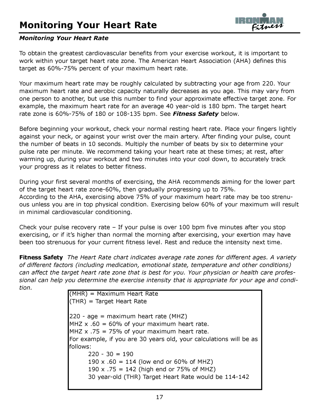 Ironman Fitness CDT owner manual Monitoring Your Heart Rate 