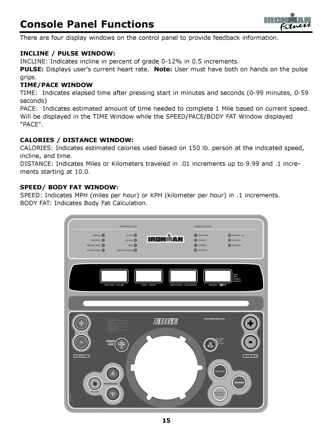 Ironman Fitness Edge owner manual Console Panel Functions, Incline / Pulse Window 