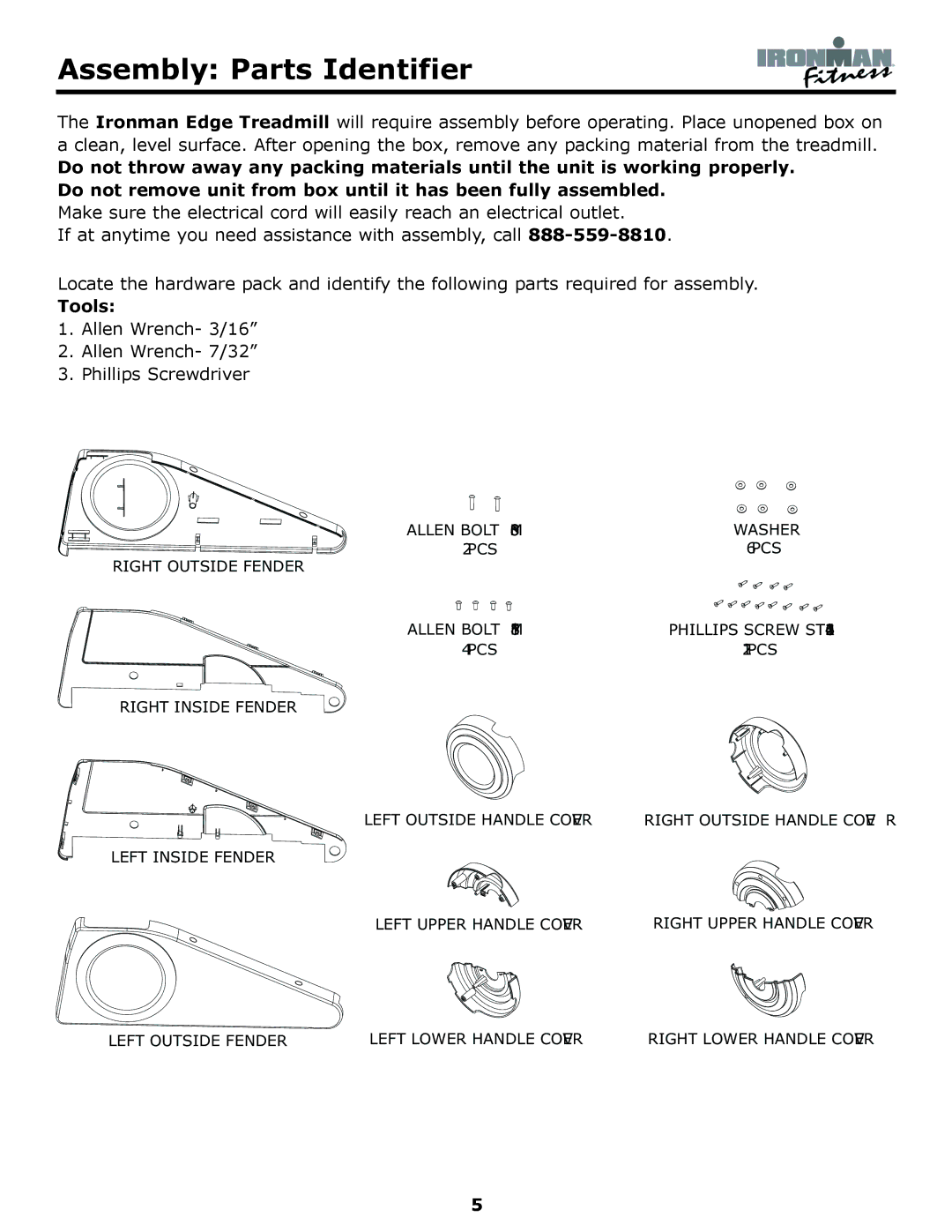 Ironman Fitness Edge owner manual Assembly Parts Identifier, Tools 