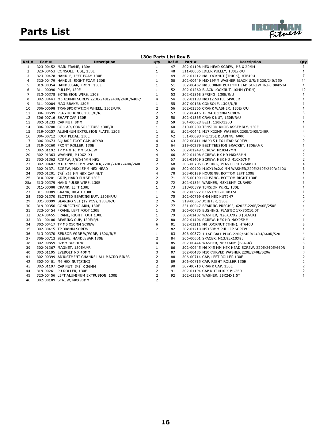 Ironman Fitness Elliptical owner manual 130e Parts List Rev B 