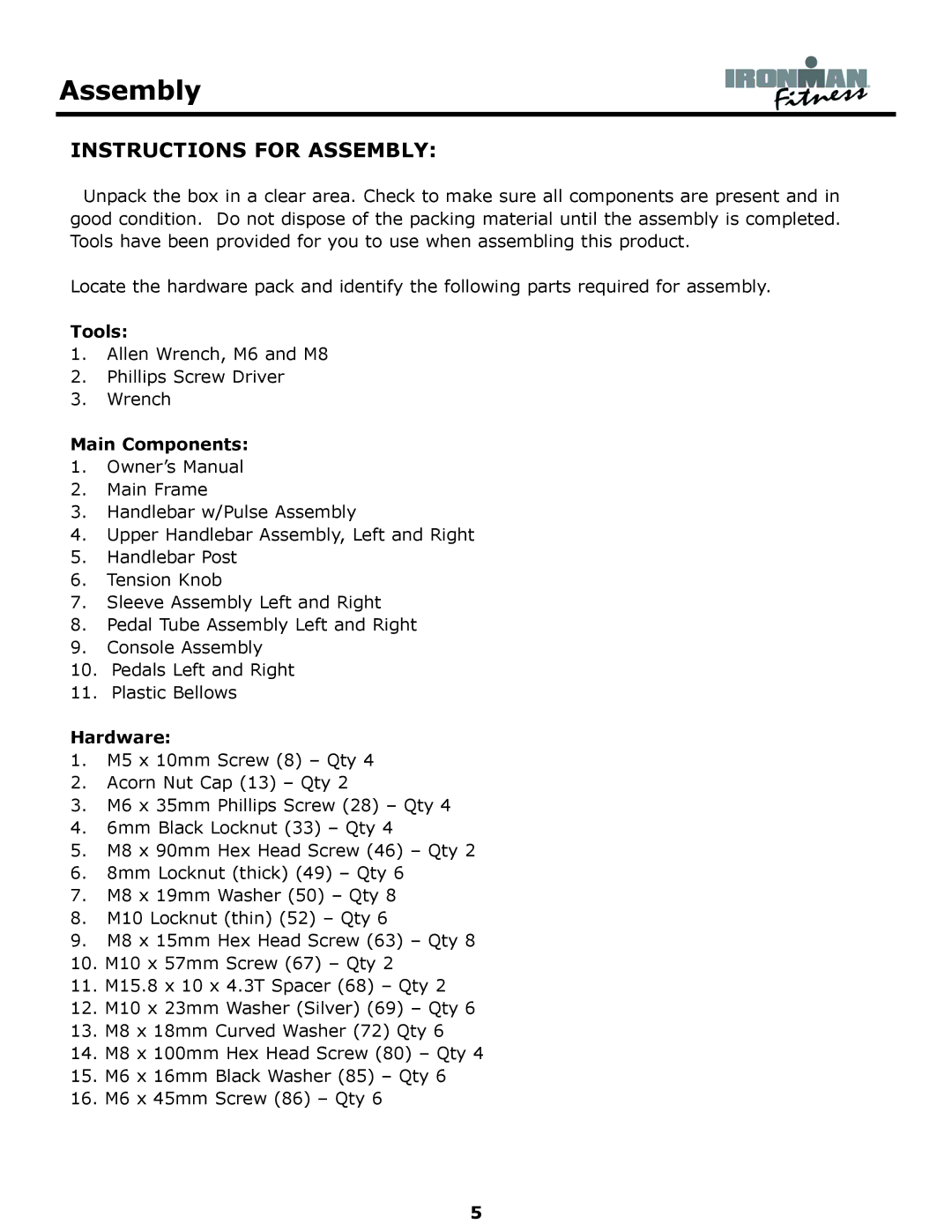 Ironman Fitness 130e, Elliptical owner manual Instructions for Assembly 