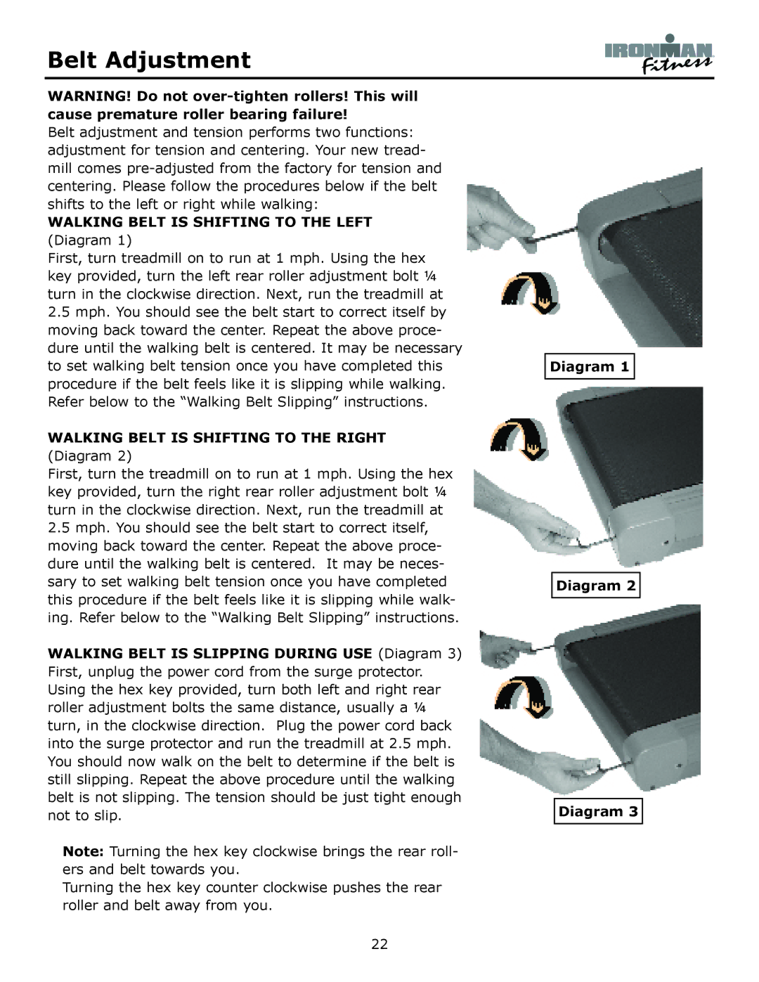 Ironman Fitness Envision owner manual Belt Adjustment, Walking Belt is Shifting to the Left Diagram 