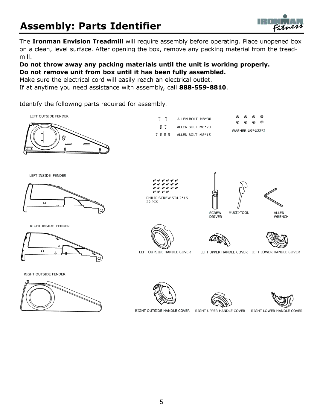 Ironman Fitness Envision owner manual Assembly Parts Identifier 