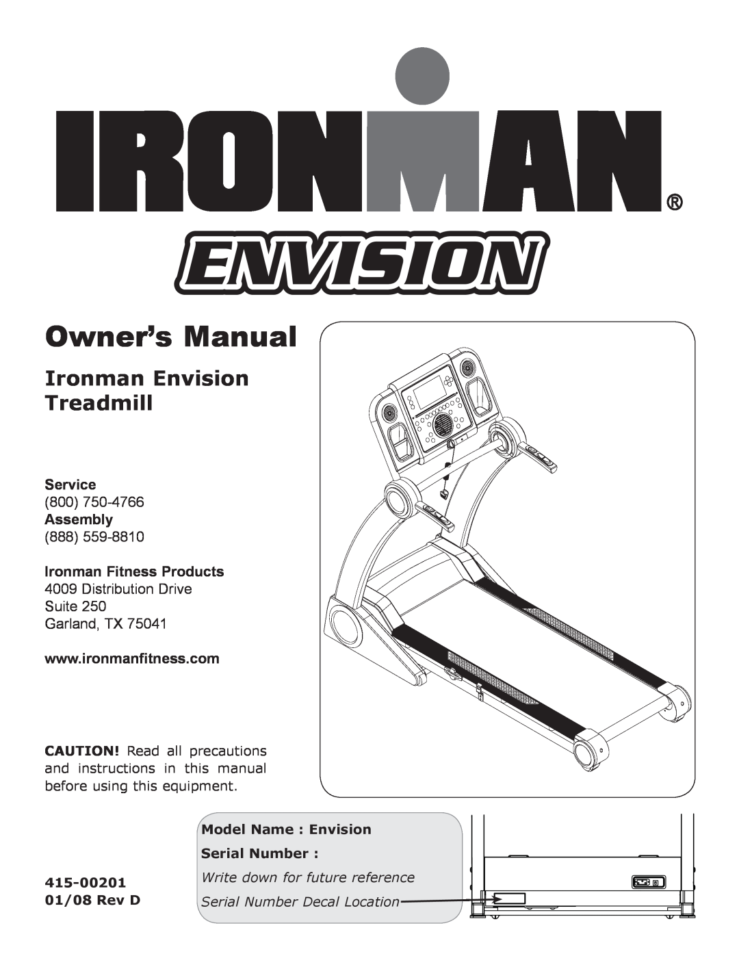 Ironman Fitness owner manual Ironman Envision Treadmill, Owner’s Manual, Service, Assembly, Ironman Fitness Products 