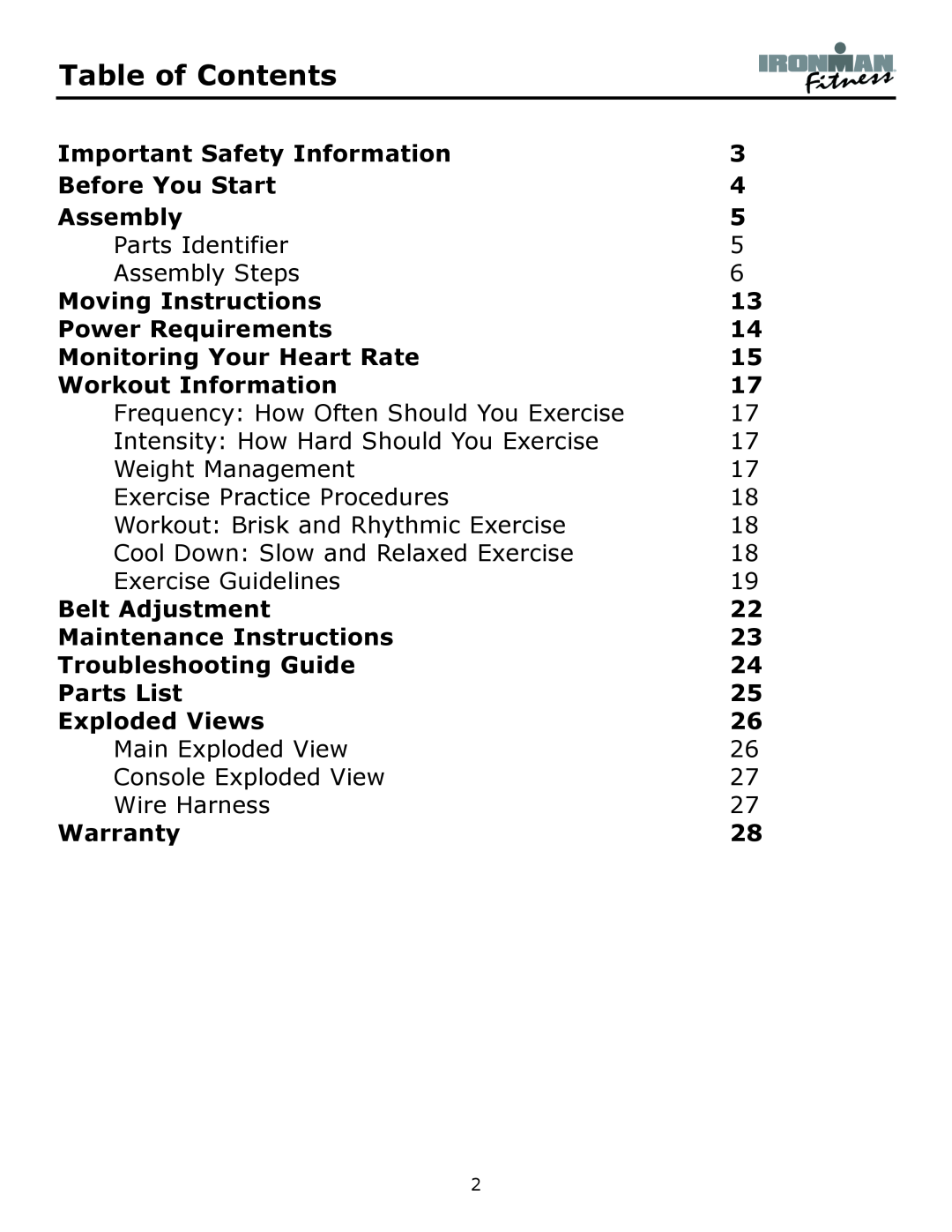 Ironman Fitness Envision owner manual Table of Contents 