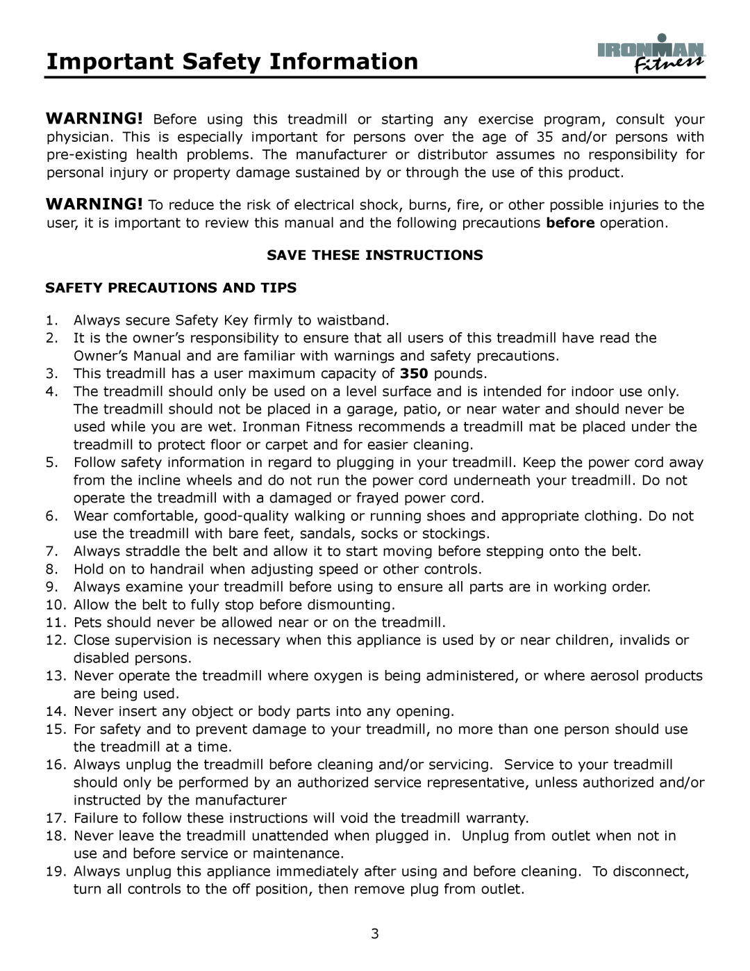 Ironman Fitness Envision owner manual Important Safety Information, Save These Instructions Safety Precautions And Tips 