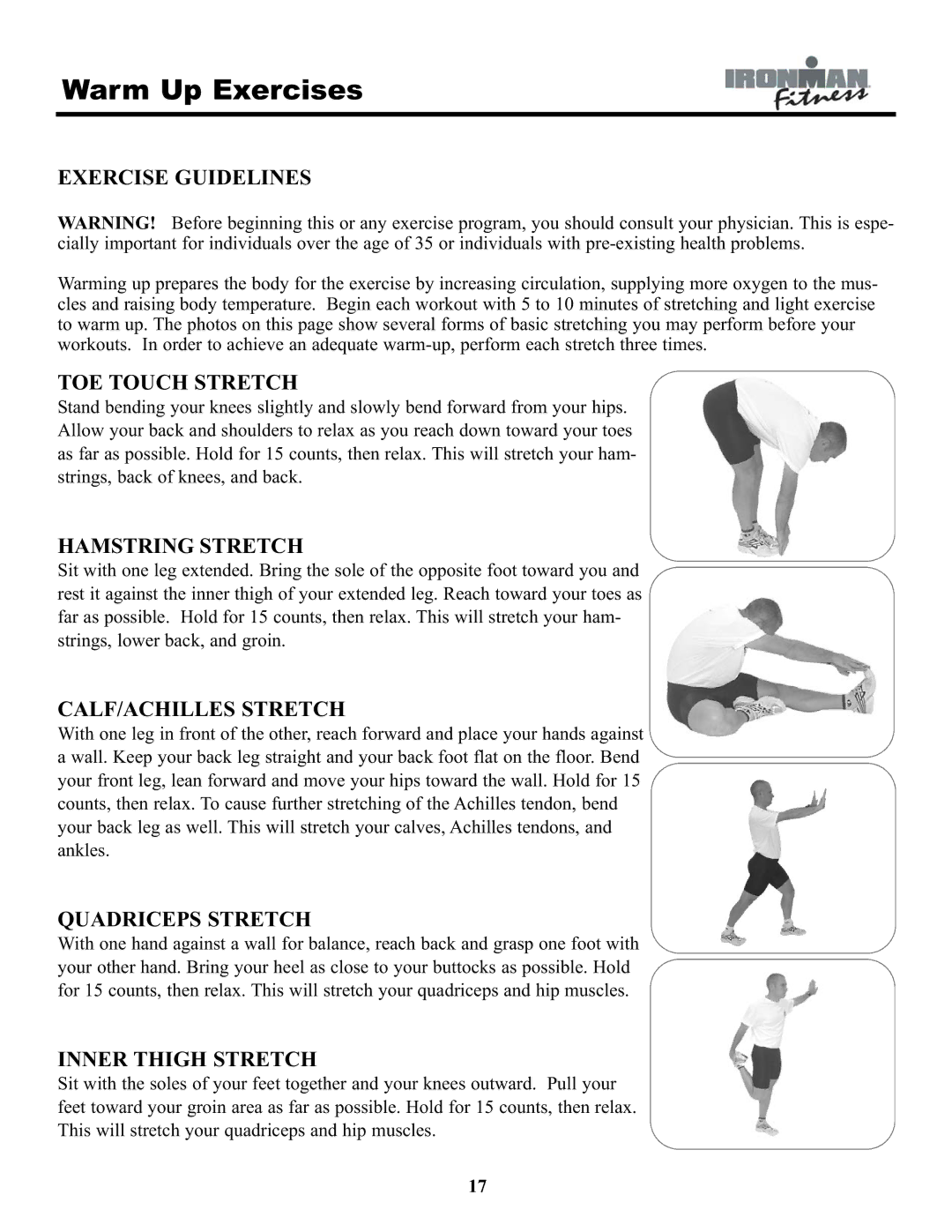 Ironman Fitness EVO-1 owner manual Warm Up Exercises, Exercise Guidelines 