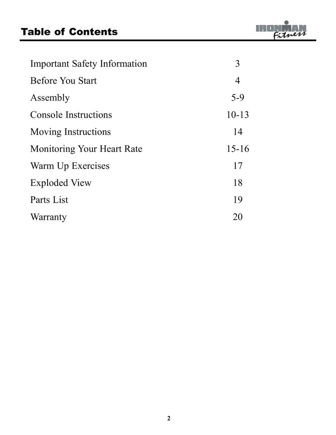 Ironman Fitness EVO-1 owner manual Table of Contents 