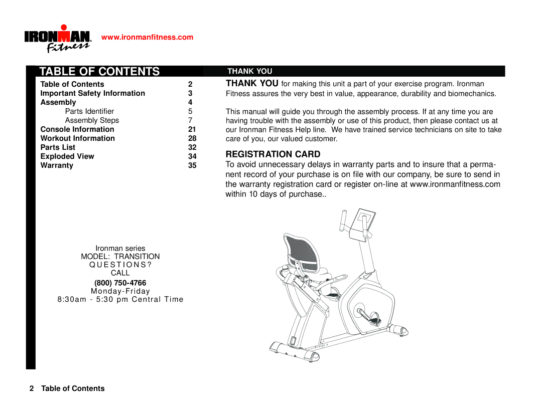 Ironman Fitness IM-R7 owner manual Table of Contents 