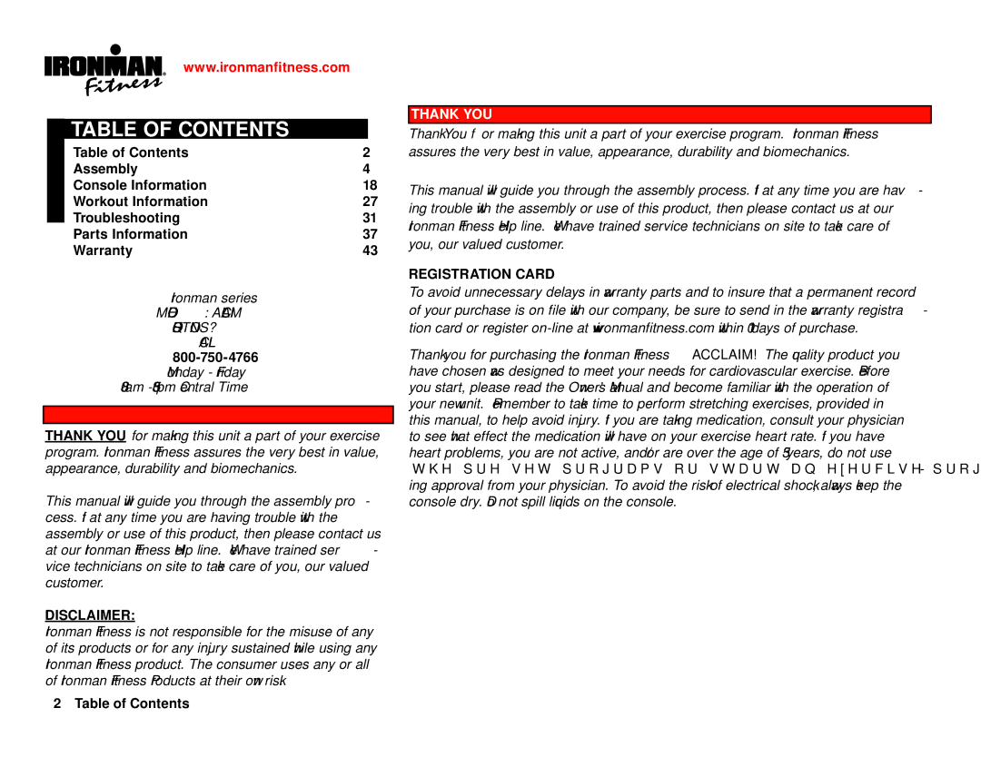 Ironman Fitness IM-T7 owner manual Table of Contents 