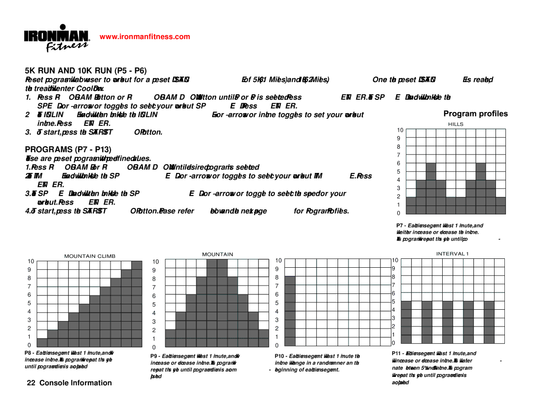 Ironman Fitness IM-T7 owner manual 5K RUN and 10K RUN P5 P6, Programs P7 P13 