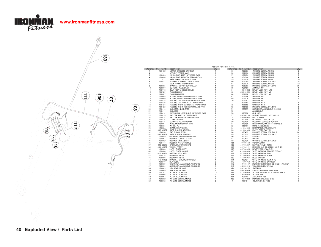 Ironman Fitness IM-T7 owner manual ImExplodedortant ViewInformation/ Parts List, 116 