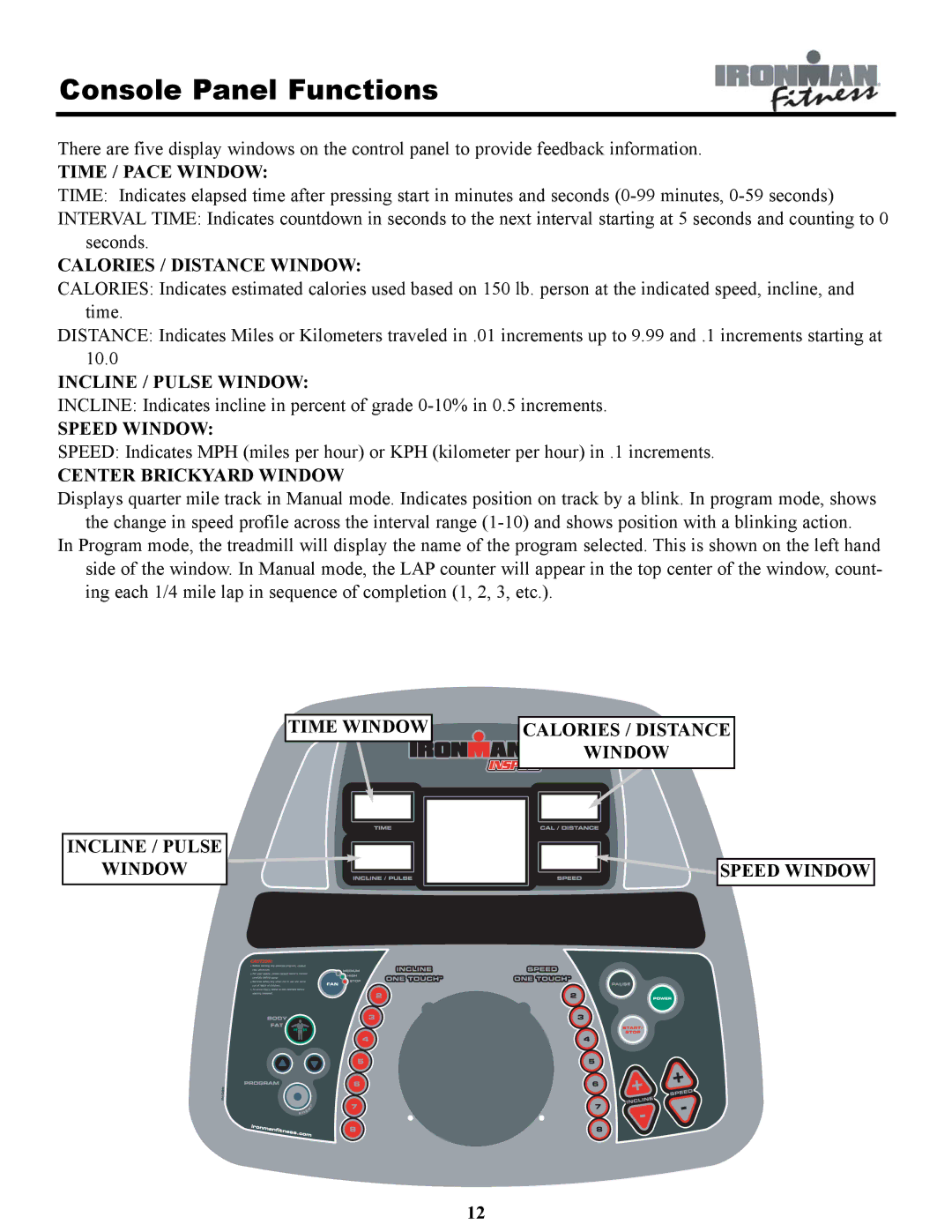 Ironman Fitness INSPIRE owner manual Console Panel Functions 