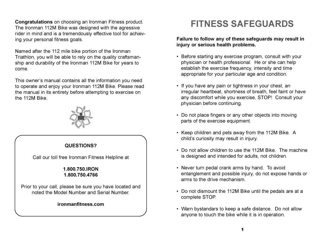 Ironman Fitness Ironman 112M owner manual Fitness Safeguards 