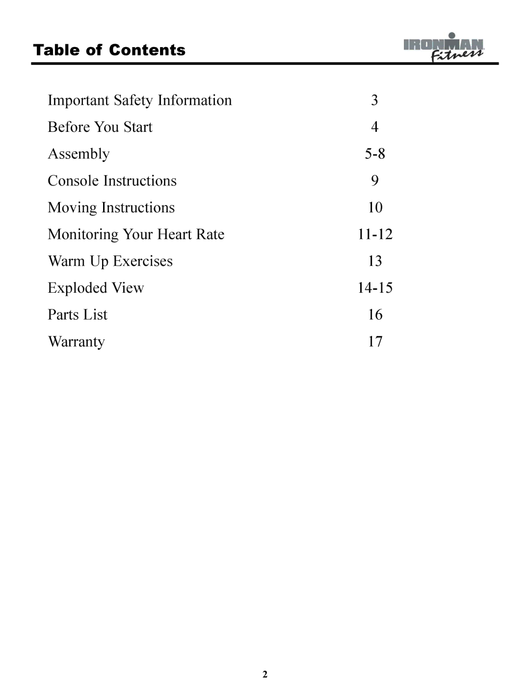 Ironman Fitness IRONMAN 120e owner manual Table of Contents 