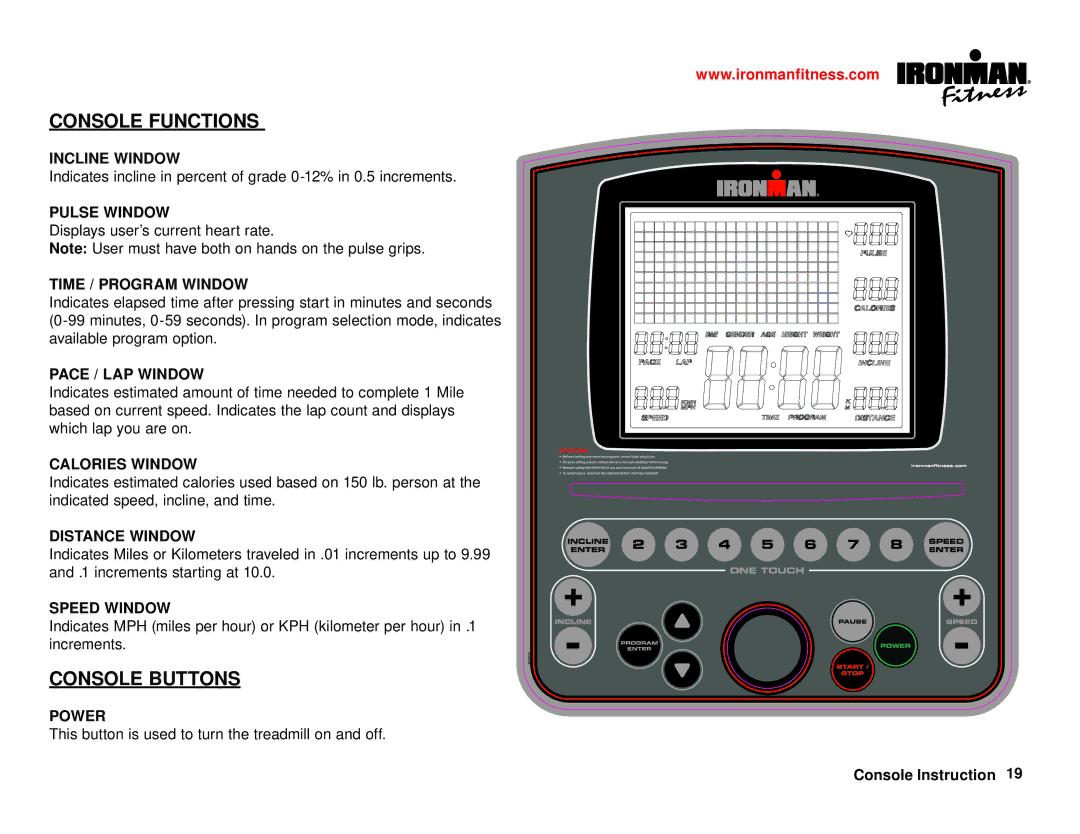 Ironman Fitness Ironman series Incline Window, Pulse Window, Time / Program Window, Pace / LAP Window, Calories Window 