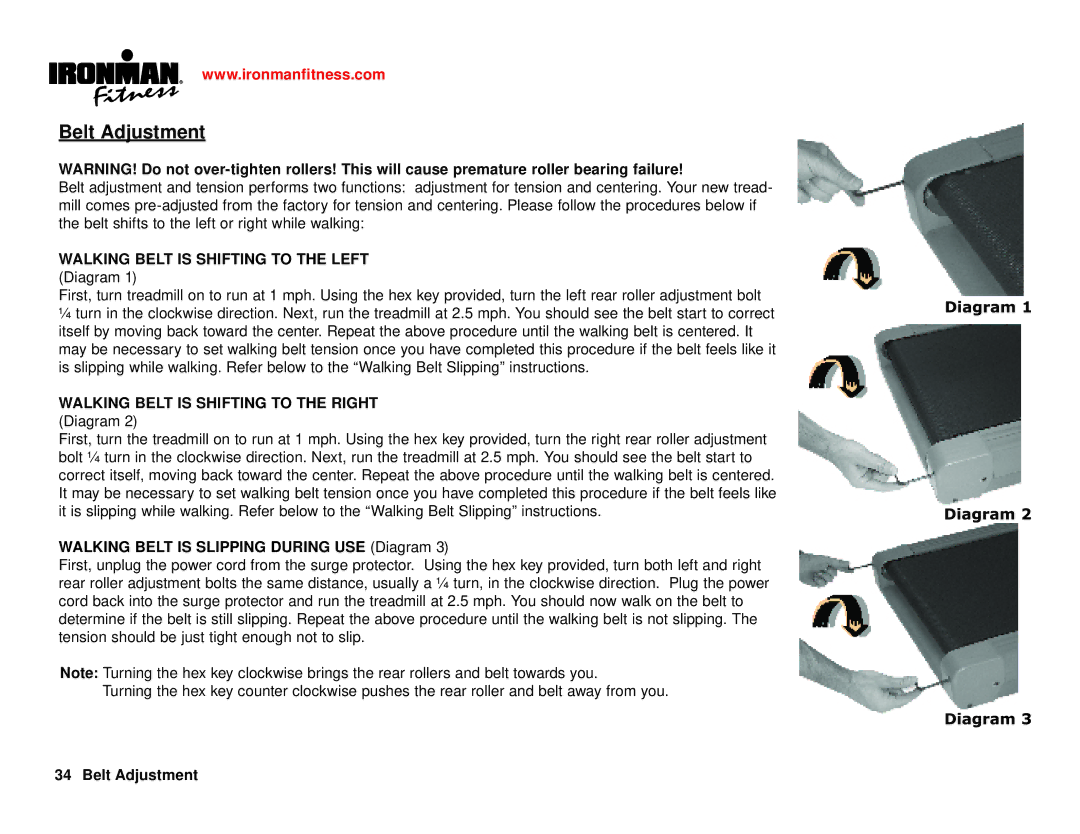 Ironman Fitness Ironman series owner manual Belt Adjustment, Walking Belt is Slipping During USE Diagram 