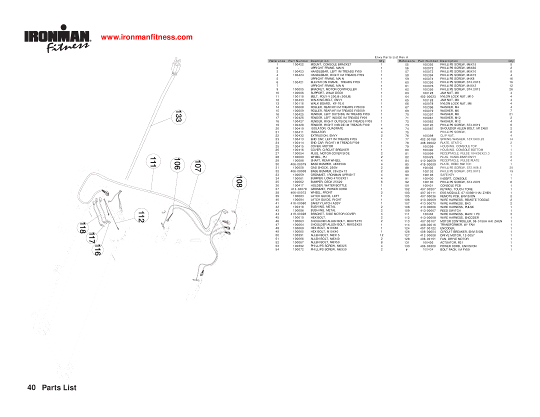 Ironman Fitness Ironman series owner manual Parts List 