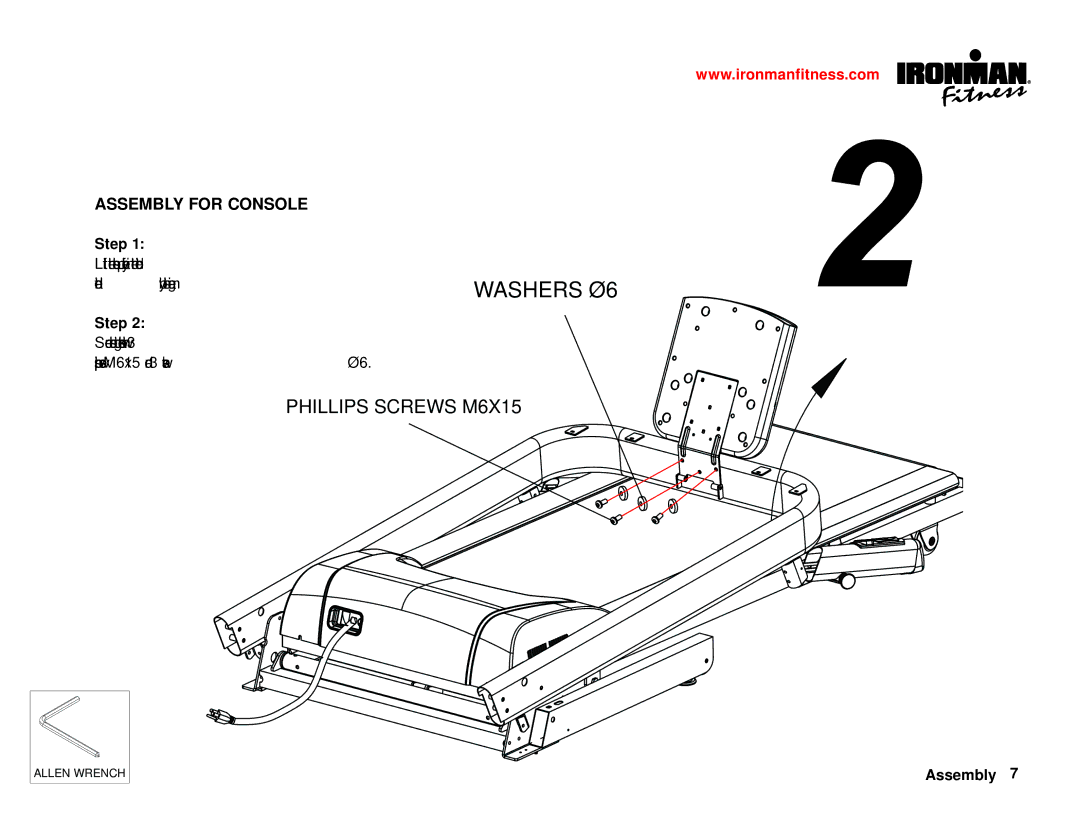 Ironman Fitness Ironman series owner manual Washers Ø6, Assembly for Console 