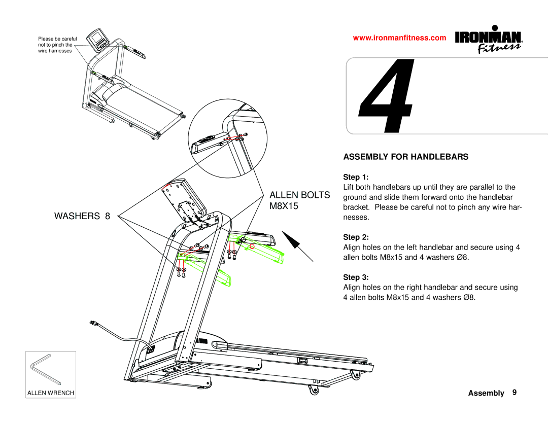 Ironman Fitness Ironman series owner manual Washers Ø8, Assembly for Handlebars 