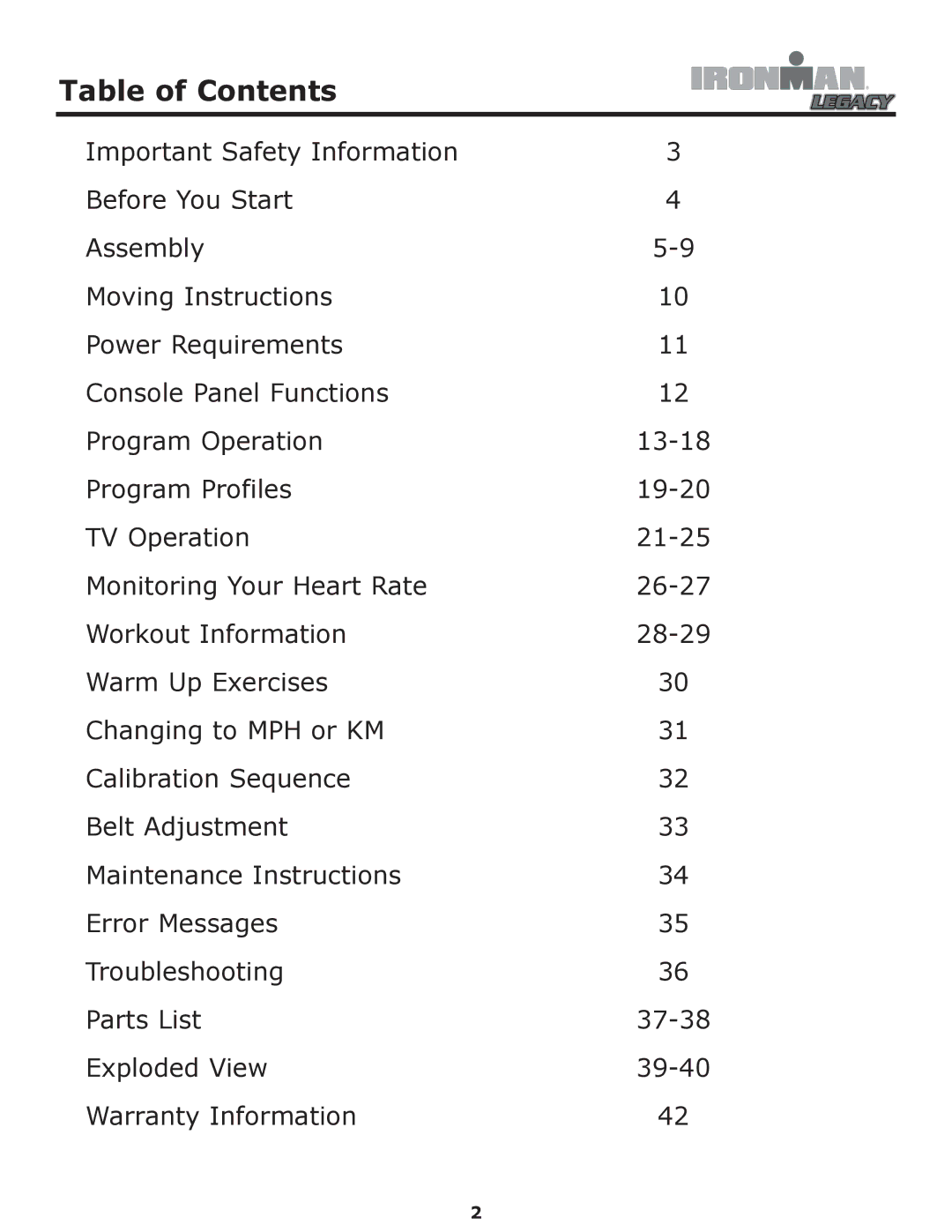 Ironman Fitness LEGACY owner manual Table of Contents 