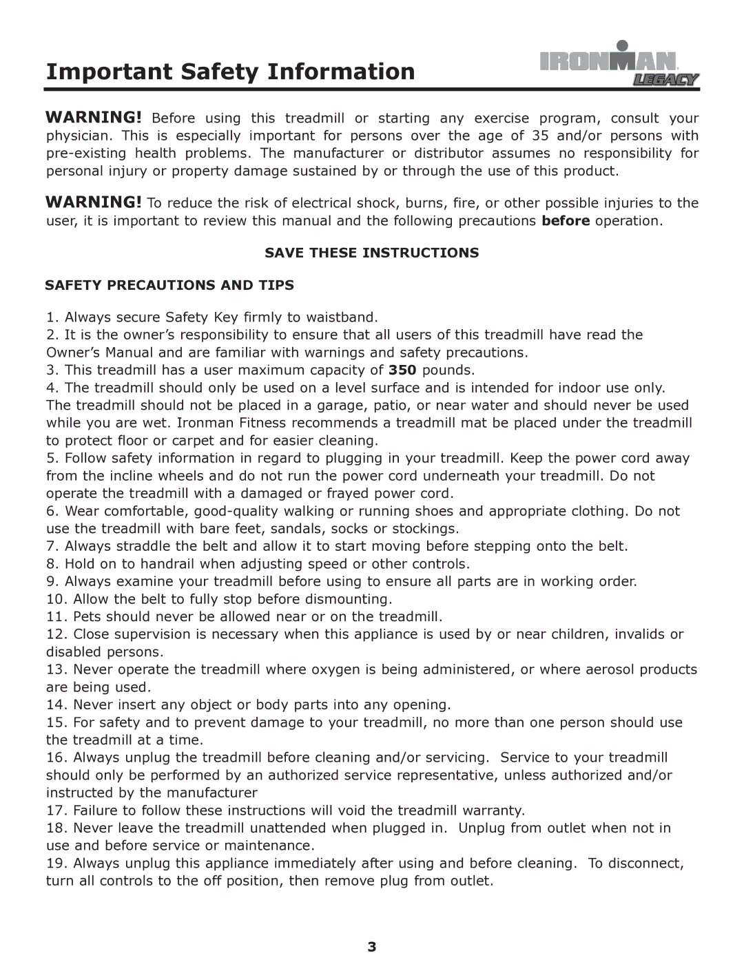 Ironman Fitness LEGACY owner manual Important Safety Information, Safety Precautions and Tips 