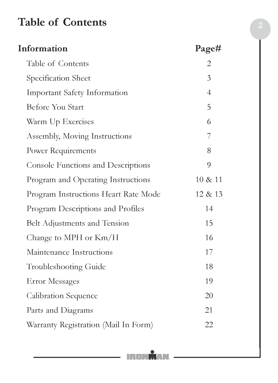 Ironman Fitness M5 owner manual Table of Contents 