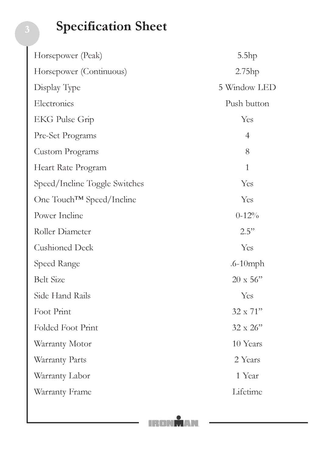 Ironman Fitness M5 owner manual Specification Sheet 