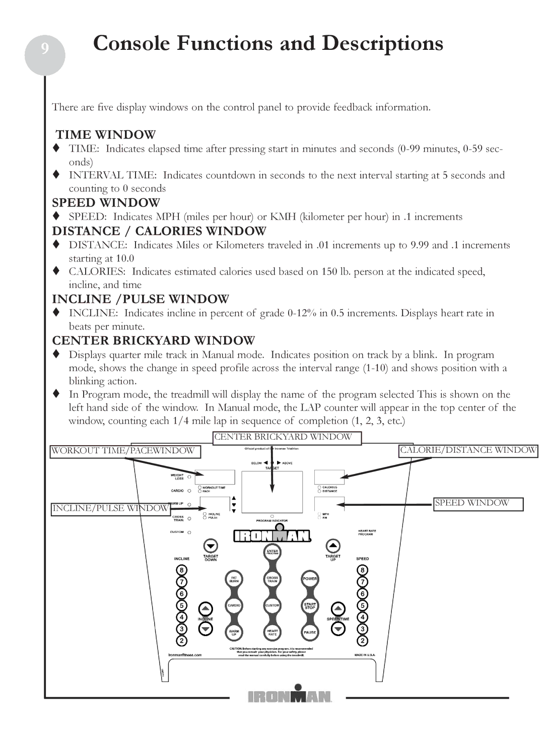 Ironman Fitness M5 owner manual Console Functions and Descriptions 