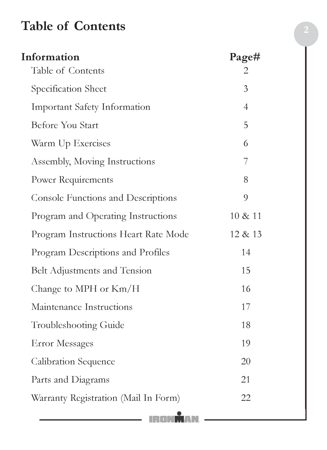 Ironman Fitness M6 owner manual Table of Contents 