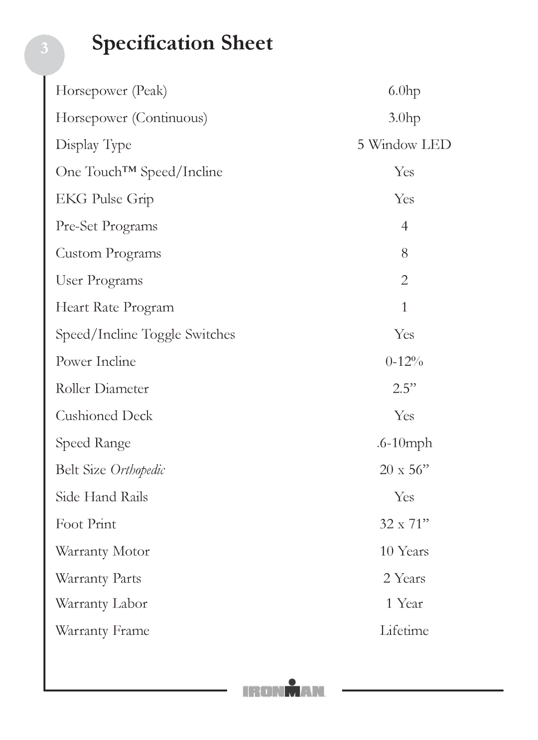 Ironman Fitness M6 owner manual Specification Sheet 