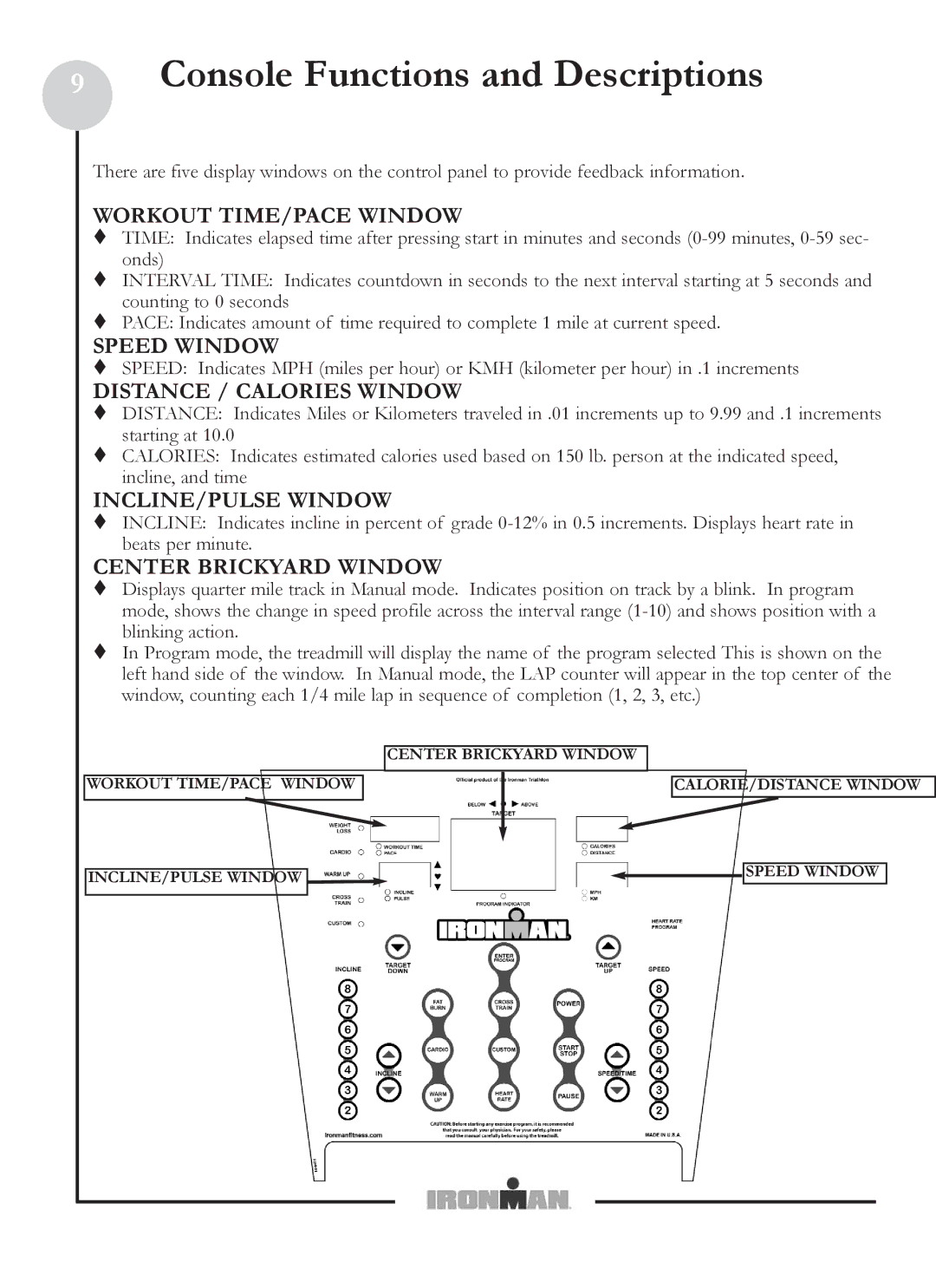 Ironman Fitness M6 owner manual Console Functions and Descriptions 