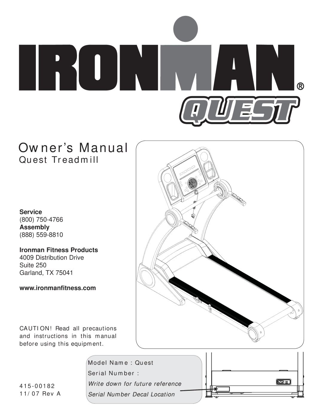 Ironman Fitness owner manual Quest Treadmill 