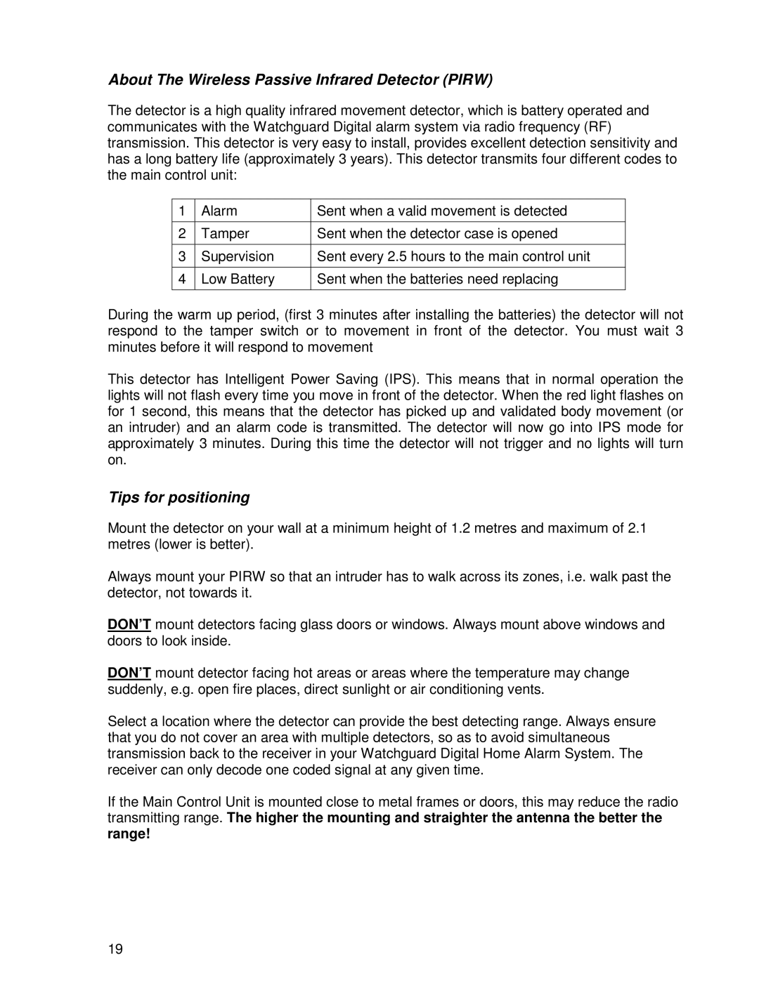 Ironman Fitness V2 instruction manual About The Wireless Passive Infrared Detector Pirw, Tips for positioning 