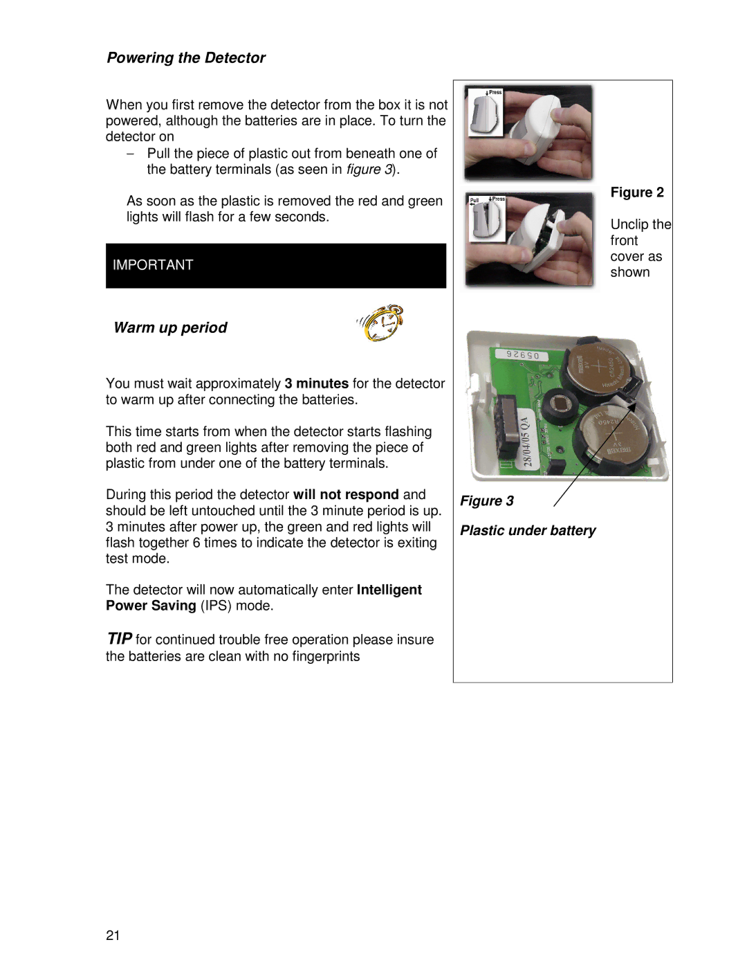 Ironman Fitness V2 instruction manual Powering the Detector, Warm up period, Plastic under battery 