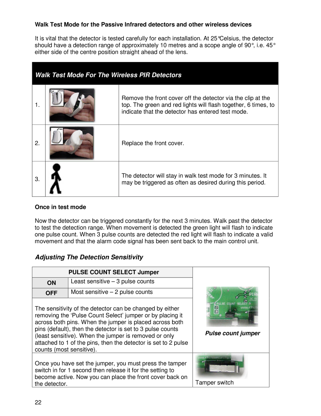 Ironman Fitness V2 Adjusting The Detection Sensitivity, Once in test mode, Pulse Count Select Jumper, Off 