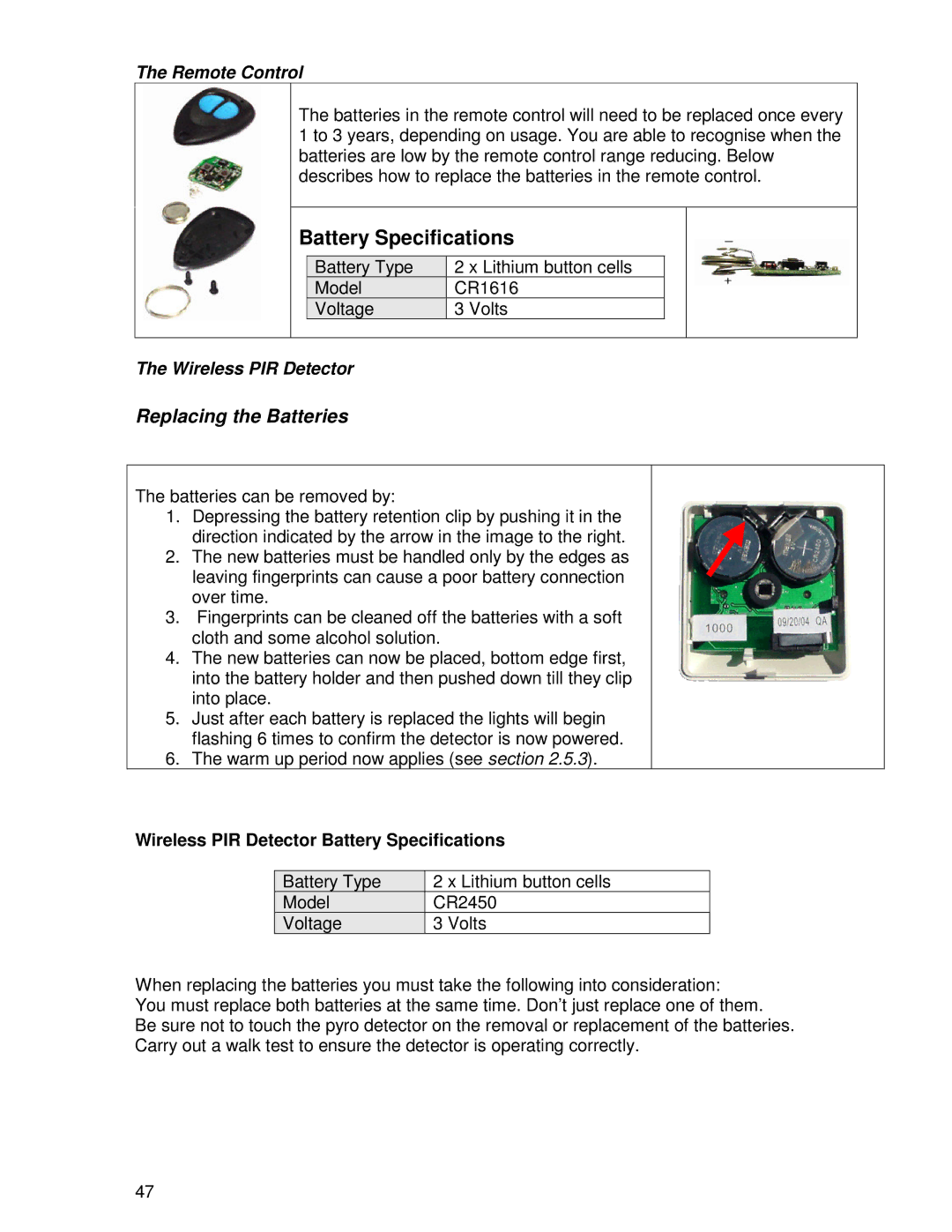 Ironman Fitness V2 instruction manual Replacing the Batteries, Remote Control, Wireless PIR Detector 